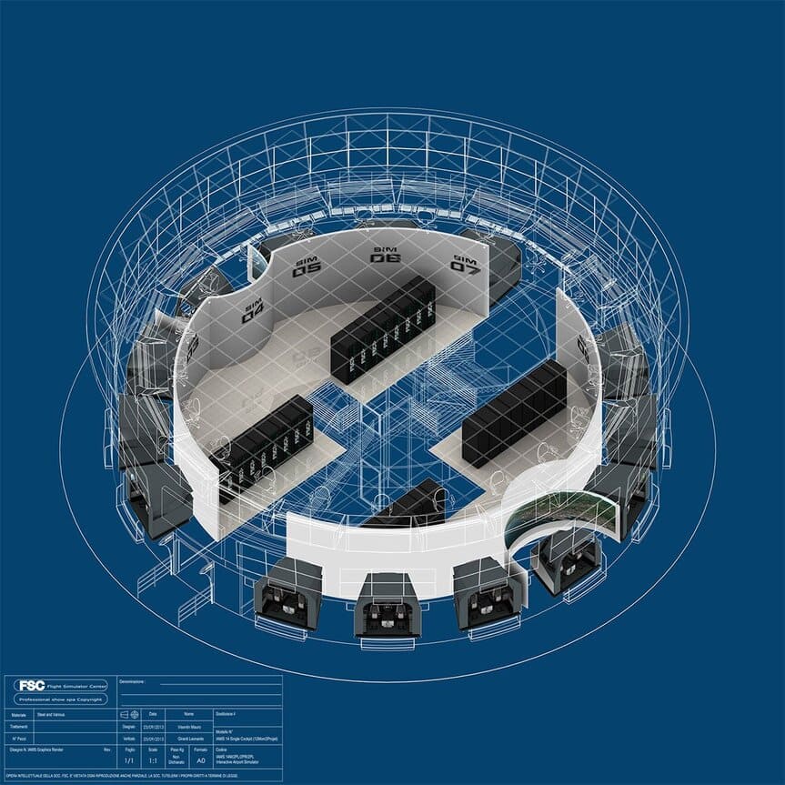 FSC news IAMS Interactive Airport Multiplatform Simulator isometric view with simulators and control room